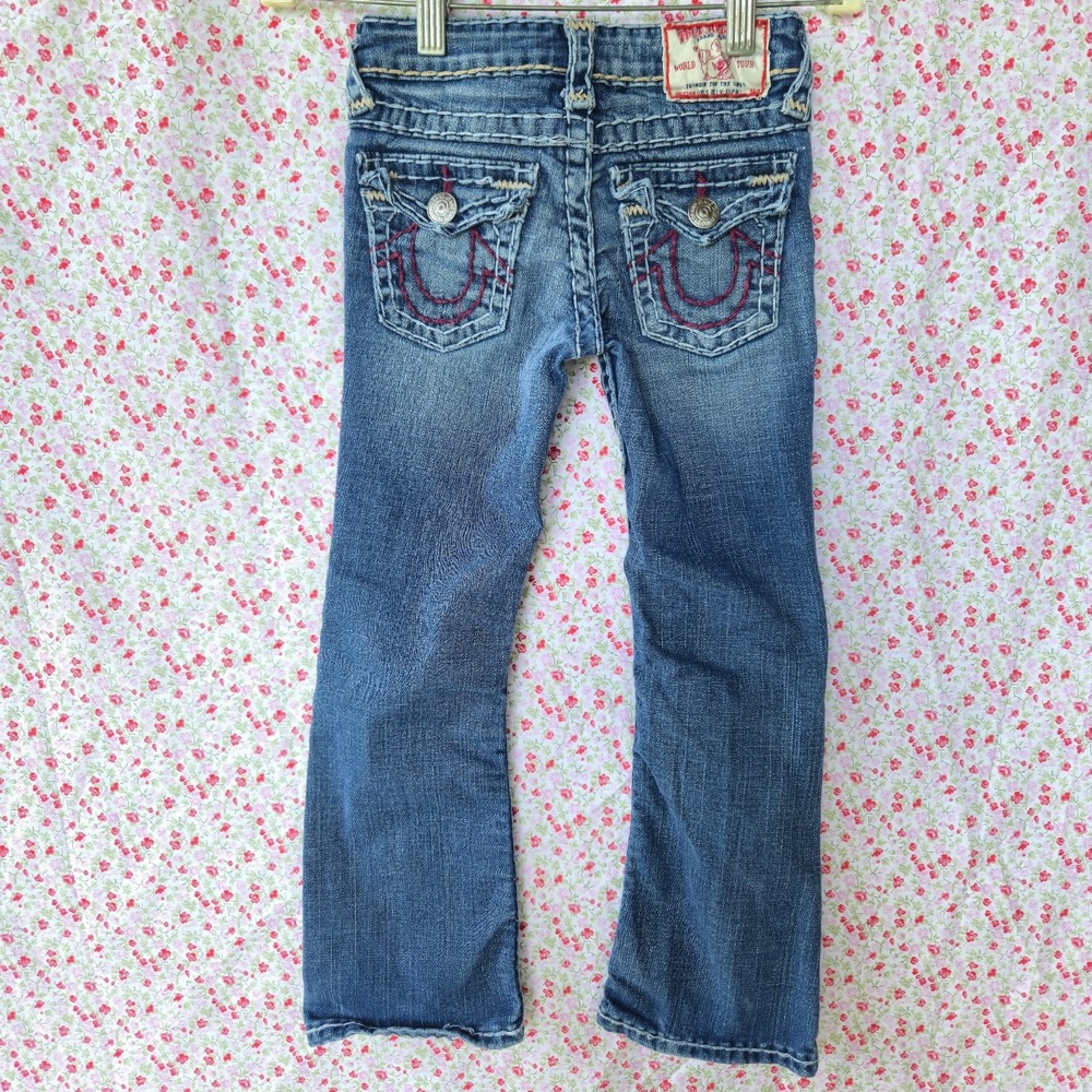 VTG True Religion Girls 6 Billy Super T Bootcut Jeans Blue Denim Pink Stitch Y2K